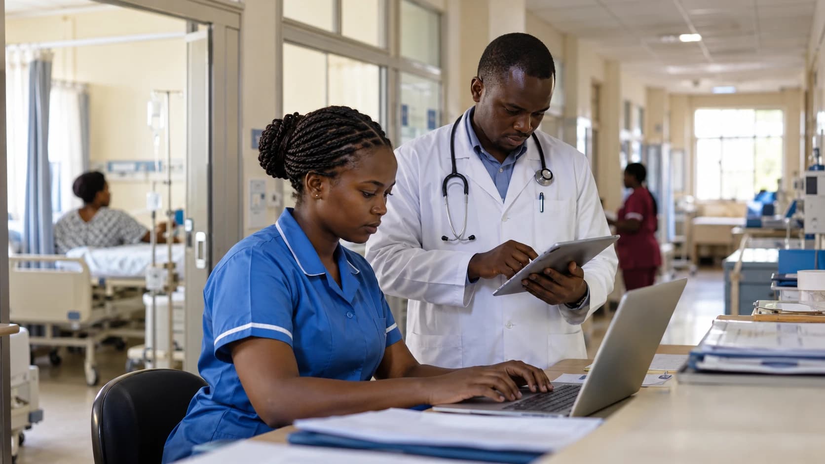 A nurse and a clinical officer reviewing records at a hospital nurses' station