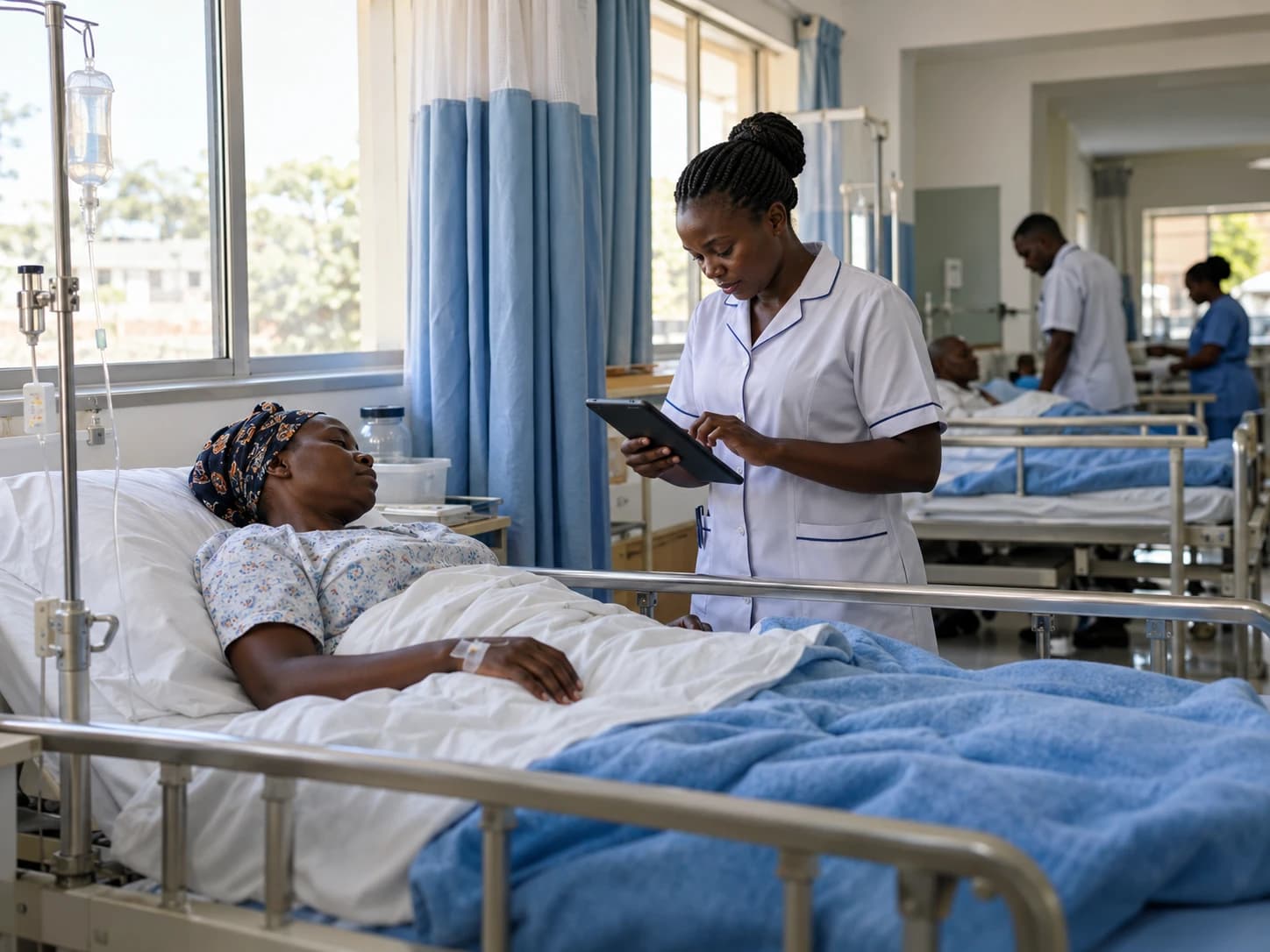 A nurse at a patient's bedside checking a tablet in a hospital ward
