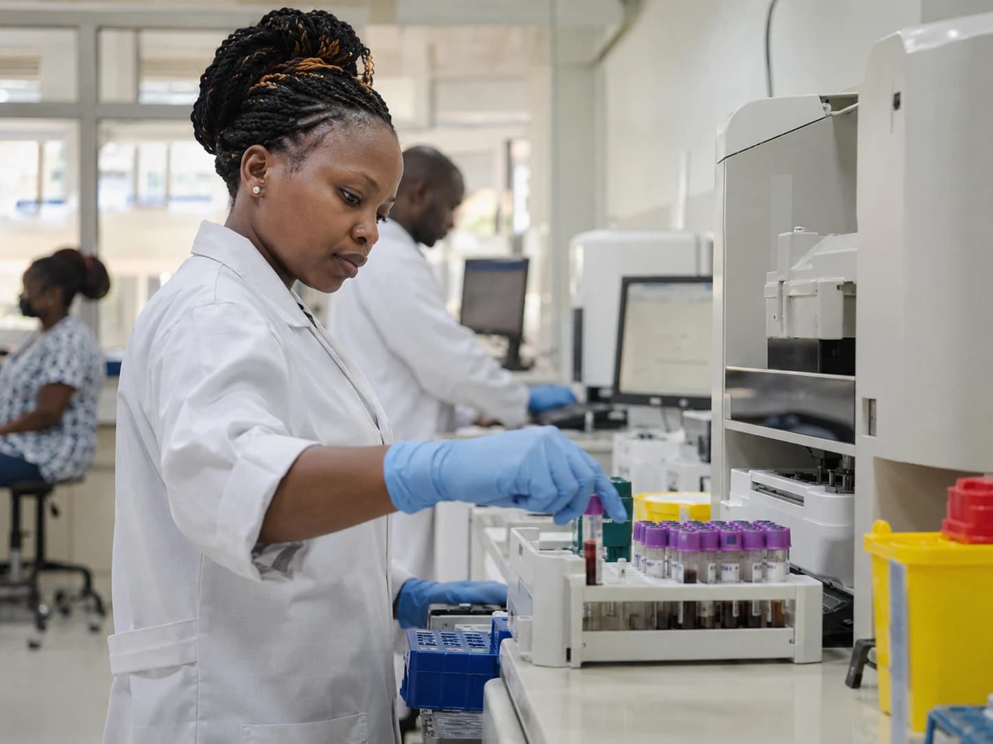 A laboratory technologist racking blood sample tubes beside an analyser