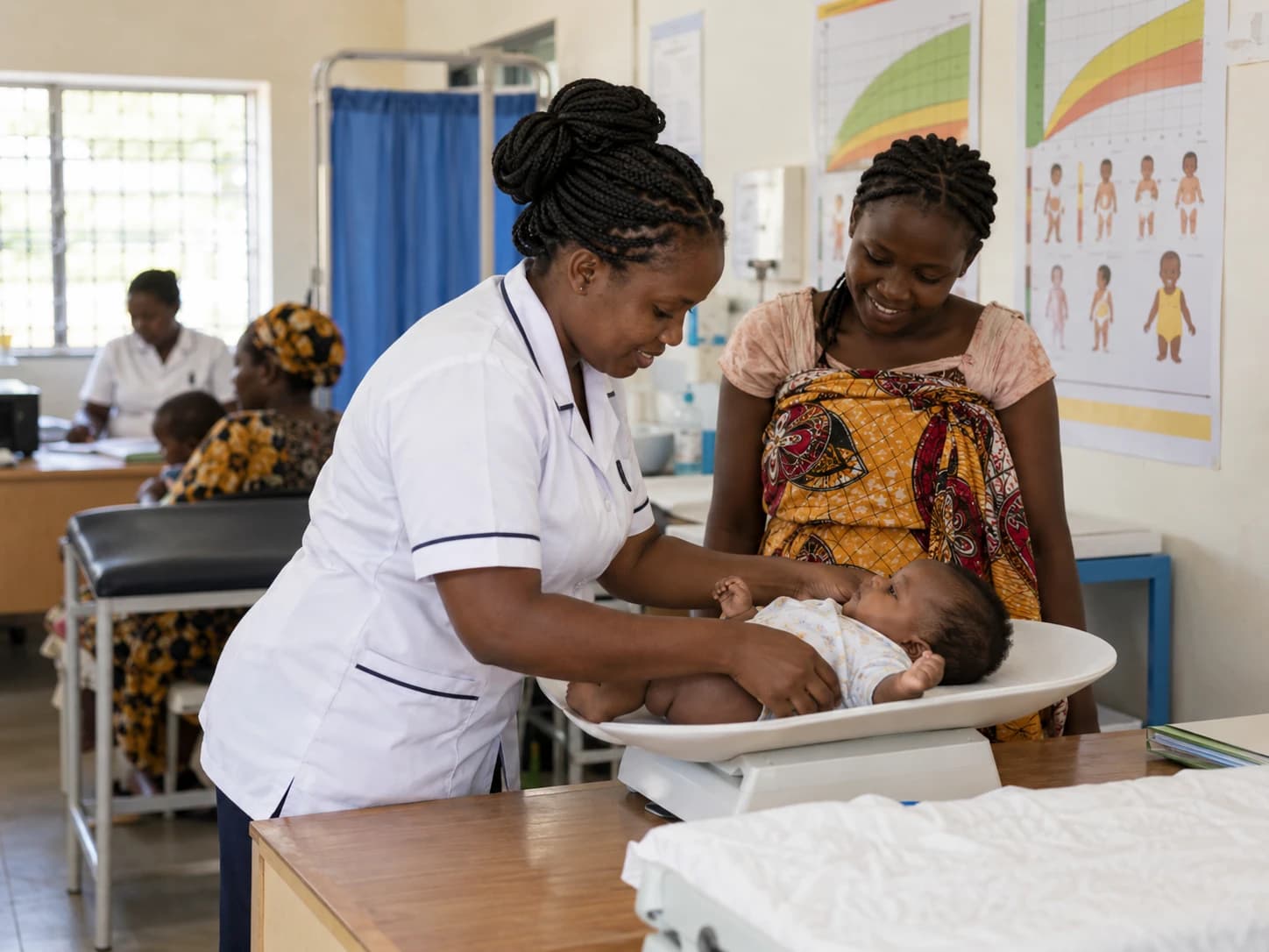 A nurse weighing a baby on an infant scale while the mother looks on