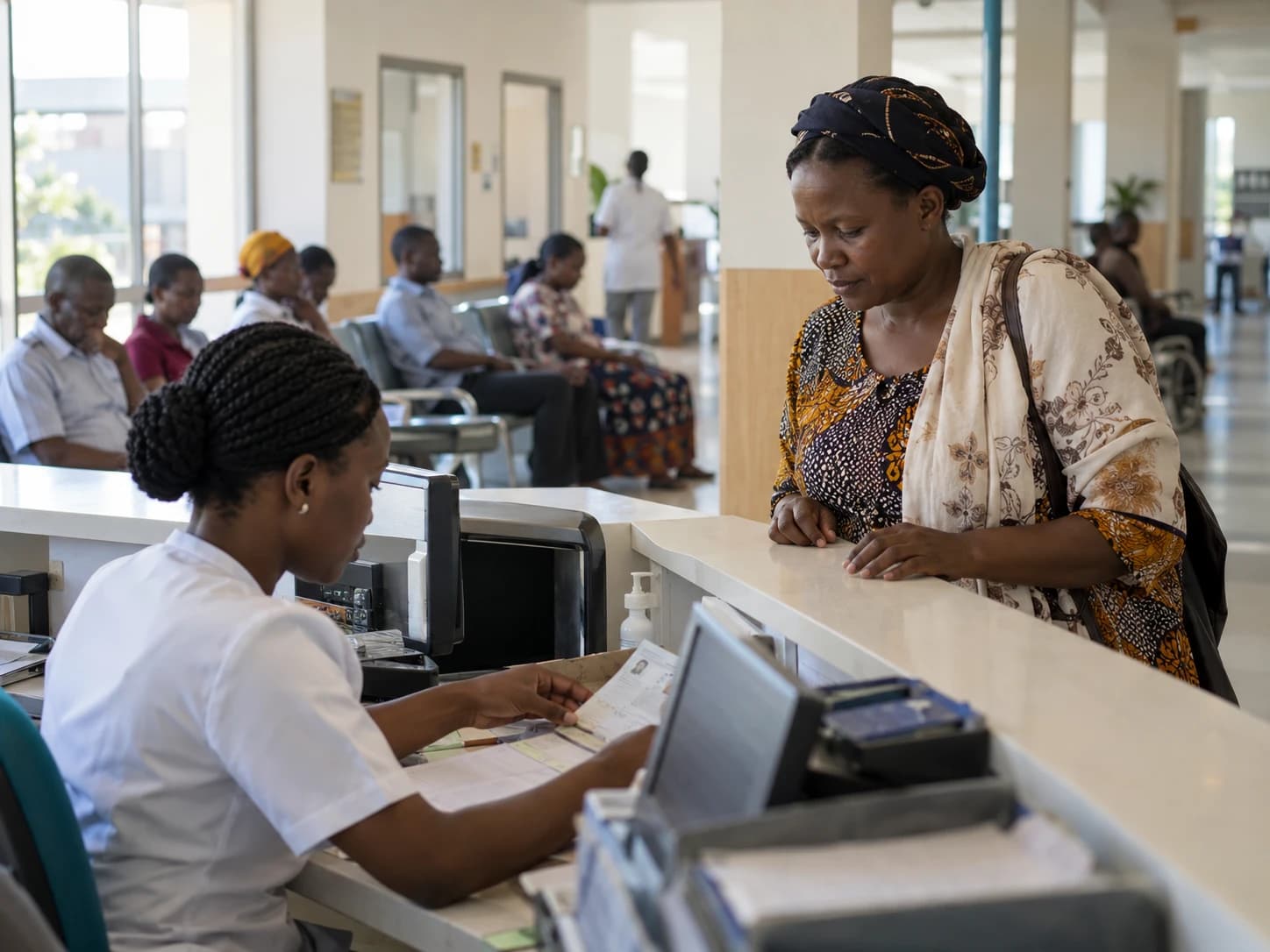A receptionist registering a patient at an outpatient desk