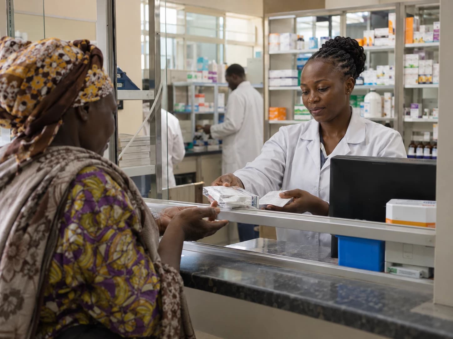 A pharmacist handing labelled medicines to a patient at a hospital pharmacy window