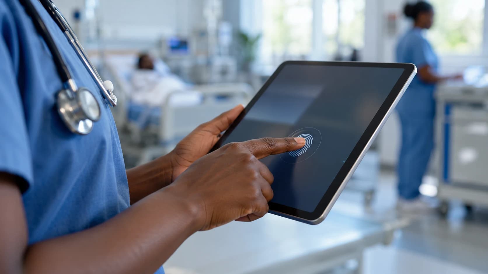 A nurse unlocking a tablet with a fingerprint in a hospital ward