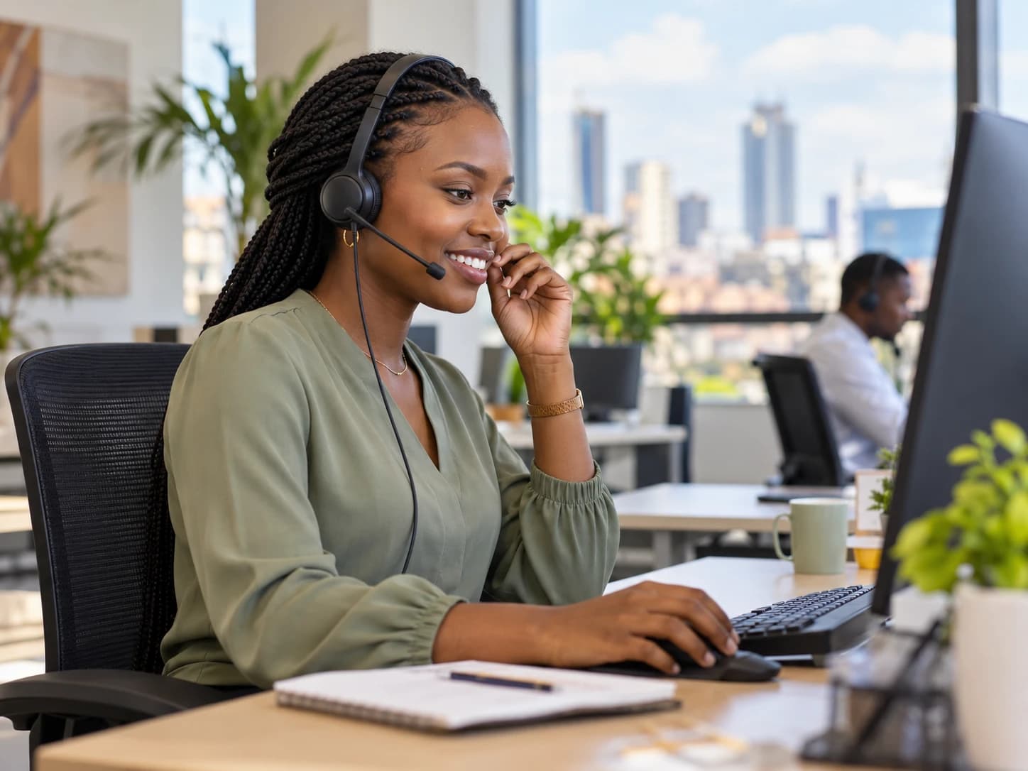 A Safravo support specialist wearing a headset at a desk in Nairobi