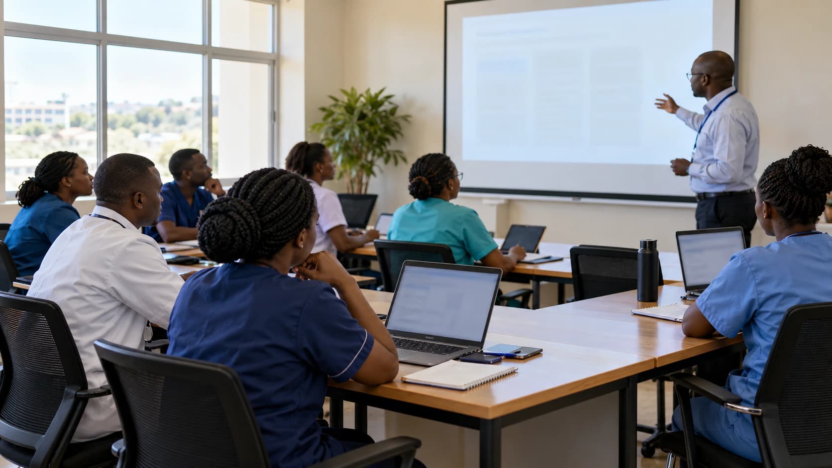 Hospital nurses and clinicians in a training session following on laptops and tablets