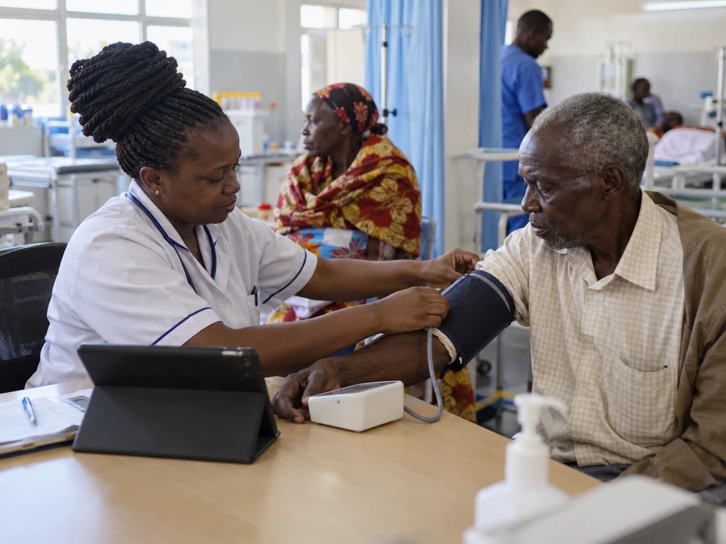 A nurse taking an elderly patient's blood pressure in a clinic room