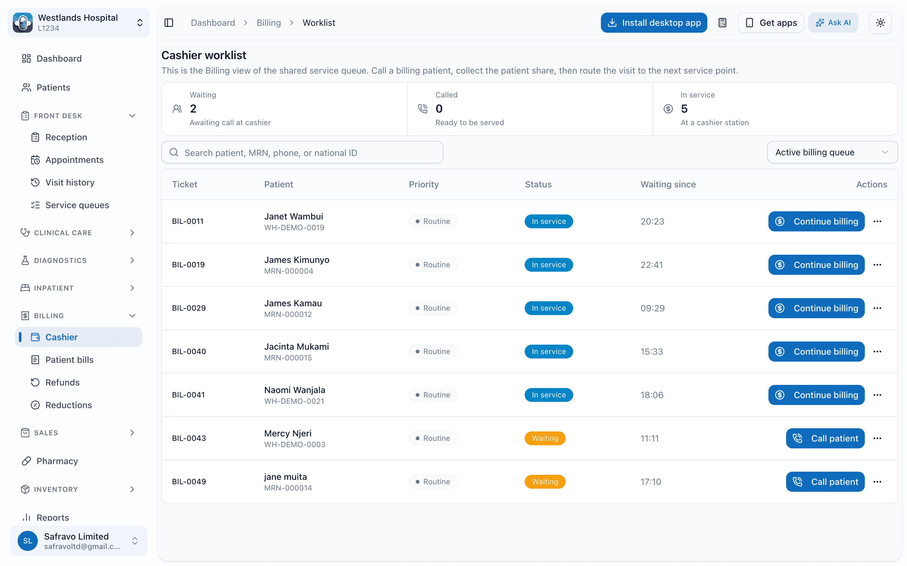 The cashier worklist: billing tickets waiting, called and in service, with continue-billing actions
