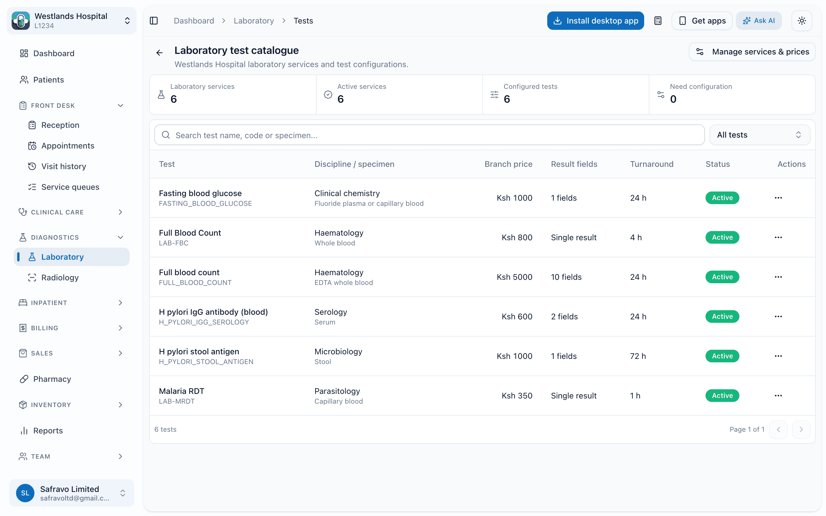 The laboratory test catalogue: tests with discipline and specimen, branch price, result fields and turnaround