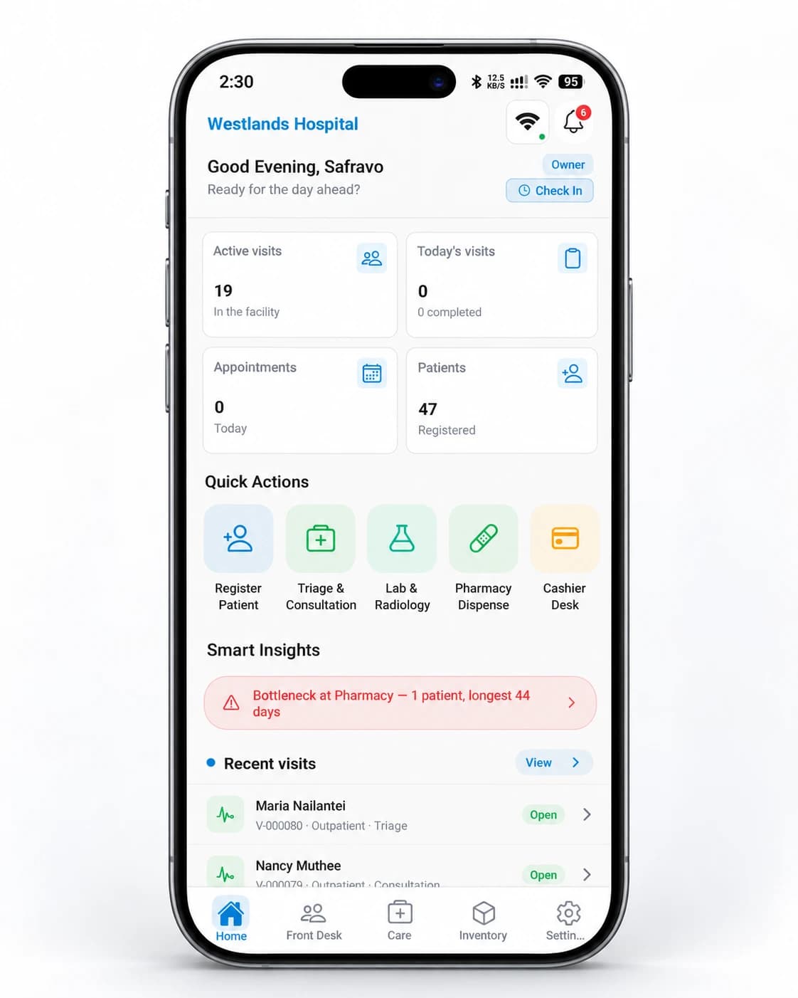 The DawaSmart mobile app on an iPhone: a hospital home screen with active visits, appointments, patients, quick actions and smart insights